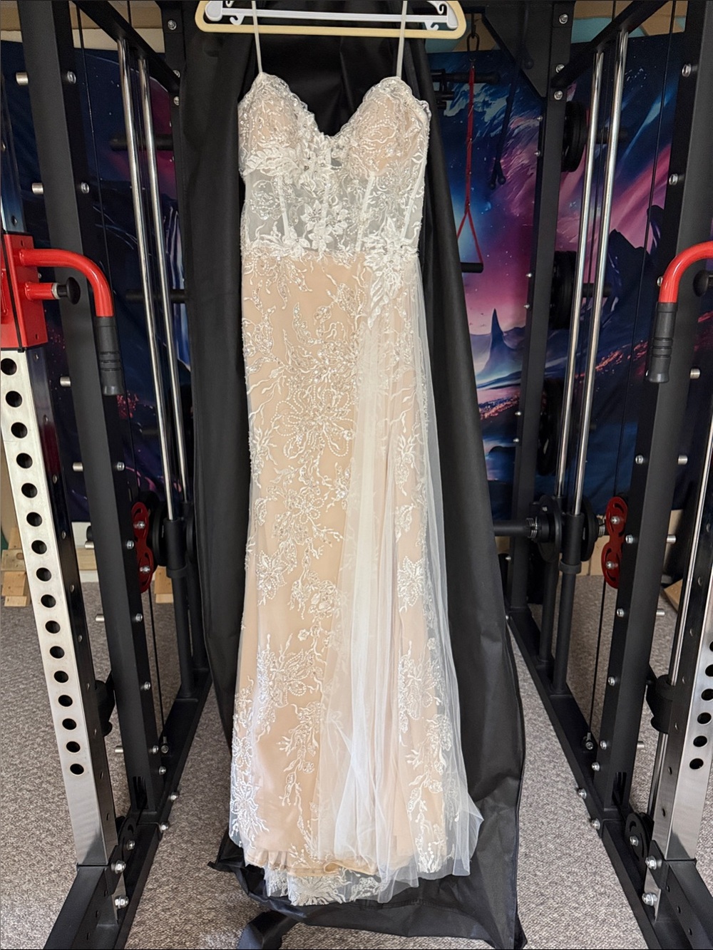 Beaded Lace Strapless Evening Gown in Blush and Ivory